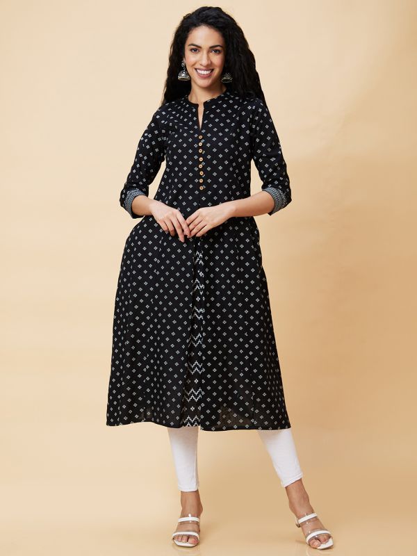 Globus Women Black Godet Ethnic Motifs Print Panelled A-Line Fusion Kurta