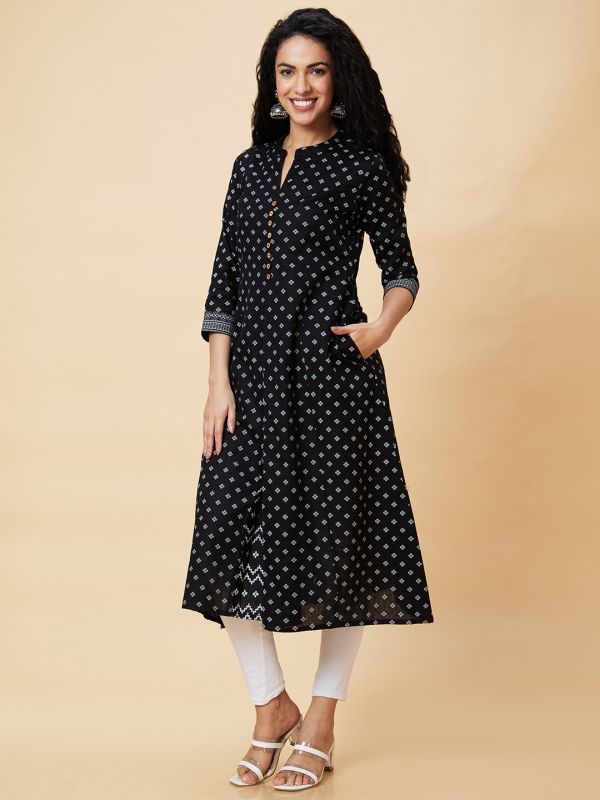Globus Women Black Godet Ethnic Motifs Print Panelled A-Line Fusion Kurta