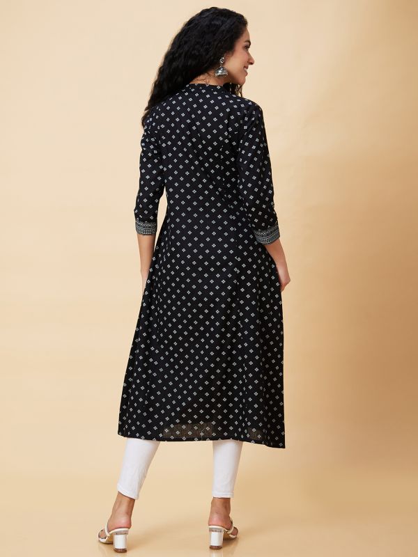 Globus Women Black Godet Ethnic Motifs Print Panelled A-Line Fusion Kurta