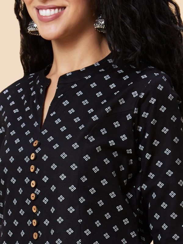 Globus Women Black Godet Ethnic Motifs Print Panelled A-Line Fusion Kurta
