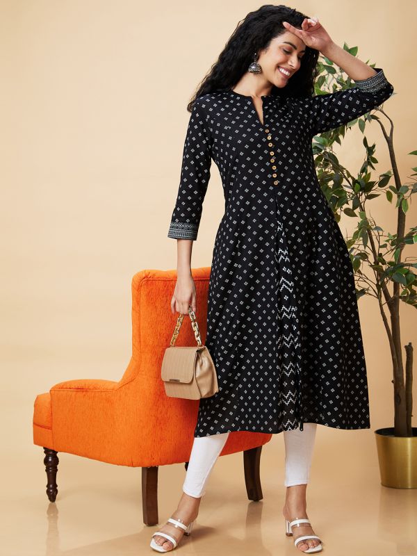 Globus Women Black Godet Ethnic Motifs Print Panelled A-Line Fusion Kurta
