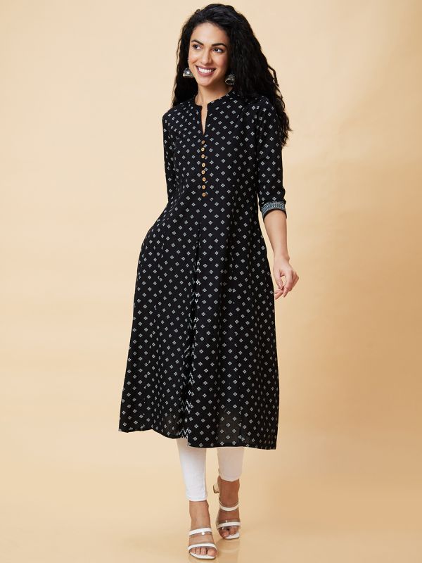 Globus Women Black Godet Ethnic Motifs Print Panelled A-Line Fusion Kurta