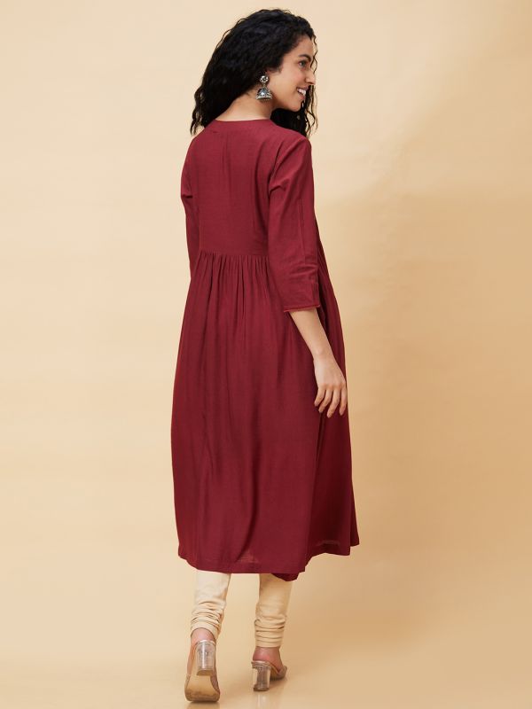Globus Women Maroon Solid V-Neck Yoke Embroidered A-Line Kurta