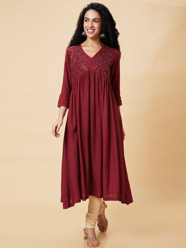 Globus Women Maroon Solid V-Neck Yoke Embroidered A-Line Kurta