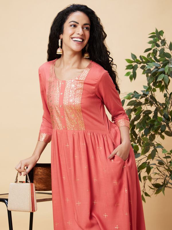 Globus Women Coral Ethnic Motifs Foil Print Round Neck A-Line Kurta
