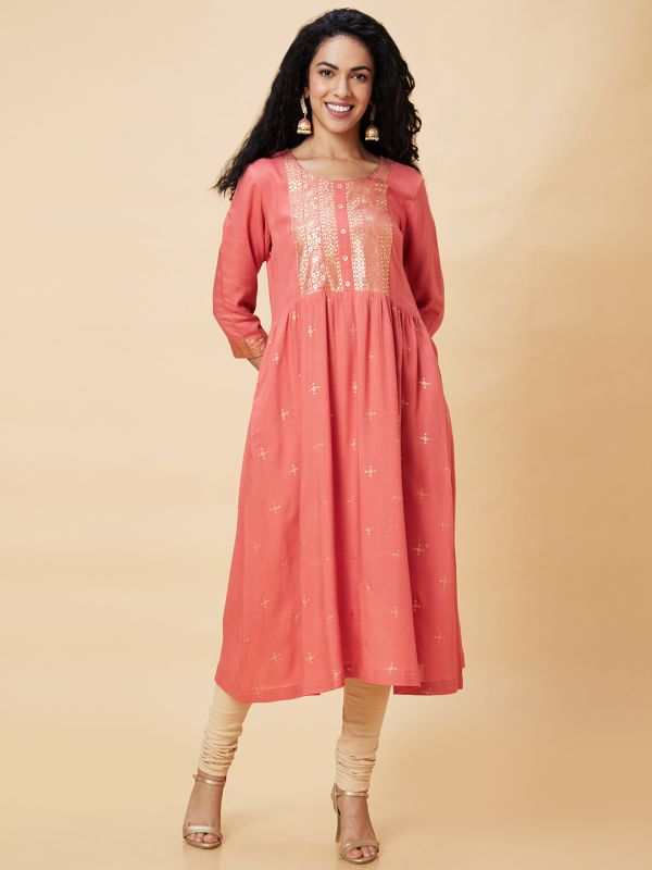Globus Women Coral Ethnic Motifs Foil Print Round Neck A-Line Kurta