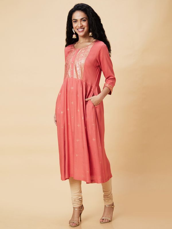 Globus Women Coral Ethnic Motifs Foil Print Round Neck A-Line Kurta