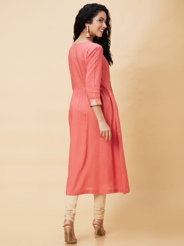 Globus Women Coral Ethnic Motifs Foil Print Round Neck A-Line Kurta