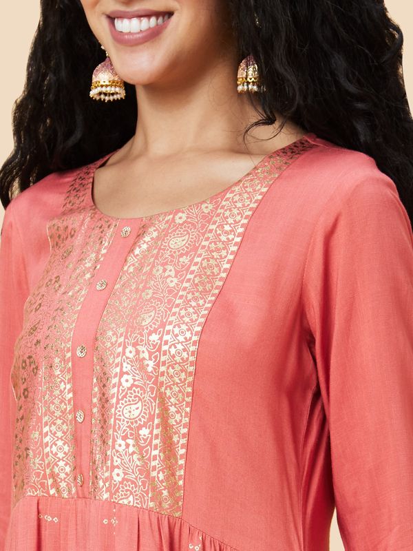 Globus Women Coral Ethnic Motifs Foil Print Round Neck A-Line Kurta