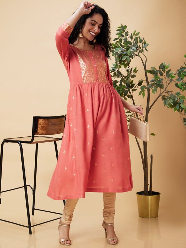 Globus Women Coral Ethnic Motifs Foil Print Round Neck A-Line Kurta