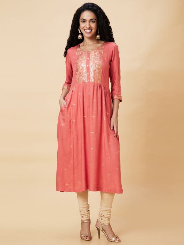 Globus Women Coral Ethnic Motifs Foil Print Round Neck A-Line Kurta