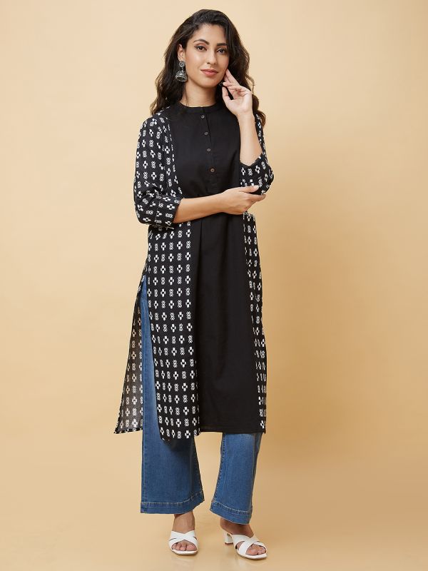 Globus Women Black Ethnic Motifs Print Kantha Detailing Panelled Casual Straight Kurta