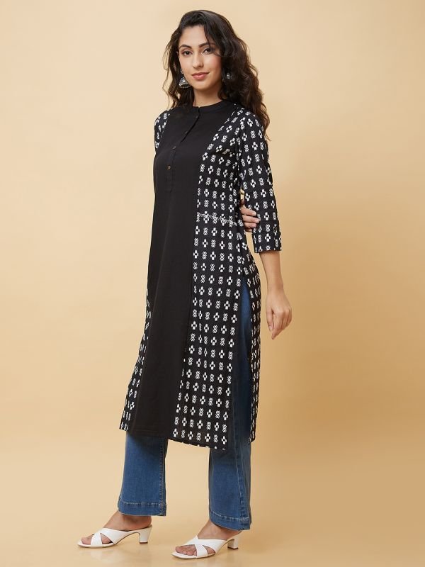 Globus Women Black Ethnic Motifs Print Kantha Detailing Panelled Casual Straight Kurta