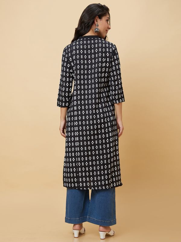 Globus Women Black Ethnic Motifs Print Kantha Detailing Panelled Casual Straight Kurta