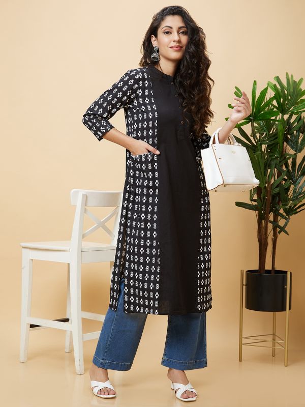 Globus Women Black Ethnic Motifs Print Kantha Detailing Panelled Casual Straight Kurta
