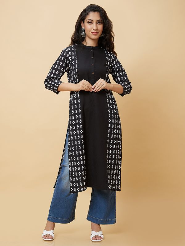 Globus Women Black Ethnic Motifs Print Kantha Detailing Panelled Casual Straight Kurta