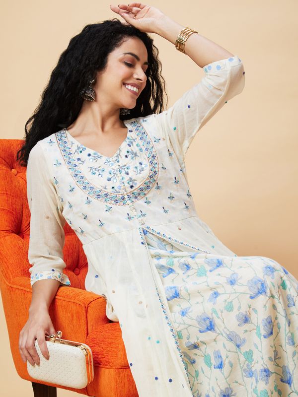 Globus Women Off-White Floral Print Front Slit Pentagon Neckline Festive Layered Anarkali Kurta