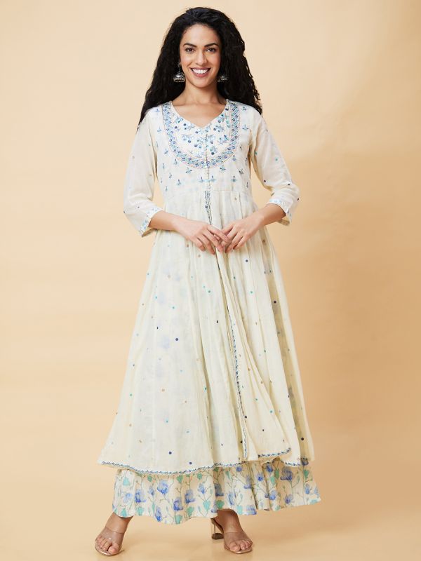 Globus Women Off-White Floral Print Front Slit Pentagon Neckline Festive Layered Anarkali Kurta