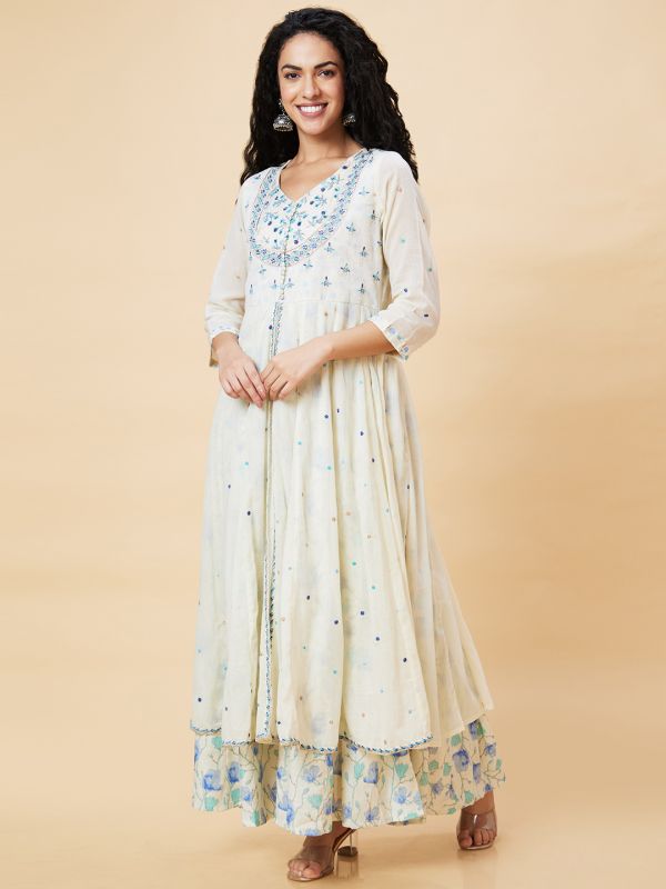 Globus Women Off-White Floral Print Front Slit Pentagon Neckline Festive Layered Anarkali Kurta