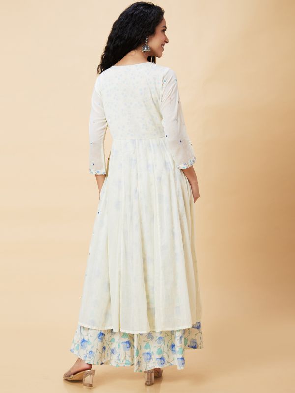 Globus Women Off-White Floral Print Front Slit Pentagon Neckline Festive Layered Anarkali Kurta