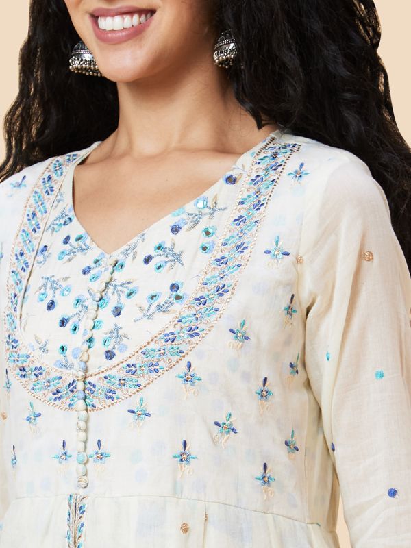 Globus Women Off-White Floral Print Front Slit Pentagon Neckline Festive Layered Anarkali Kurta