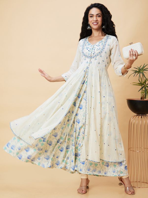 Globus Women Off-White Floral Print Front Slit Pentagon Neckline Festive Layered Anarkali Kurta