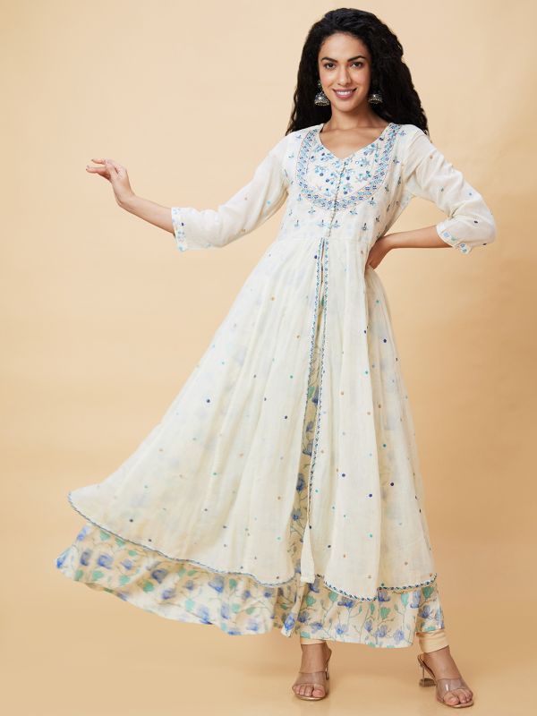 Globus Women Off-White Floral Print Front Slit Pentagon Neckline Festive Layered Anarkali Kurta