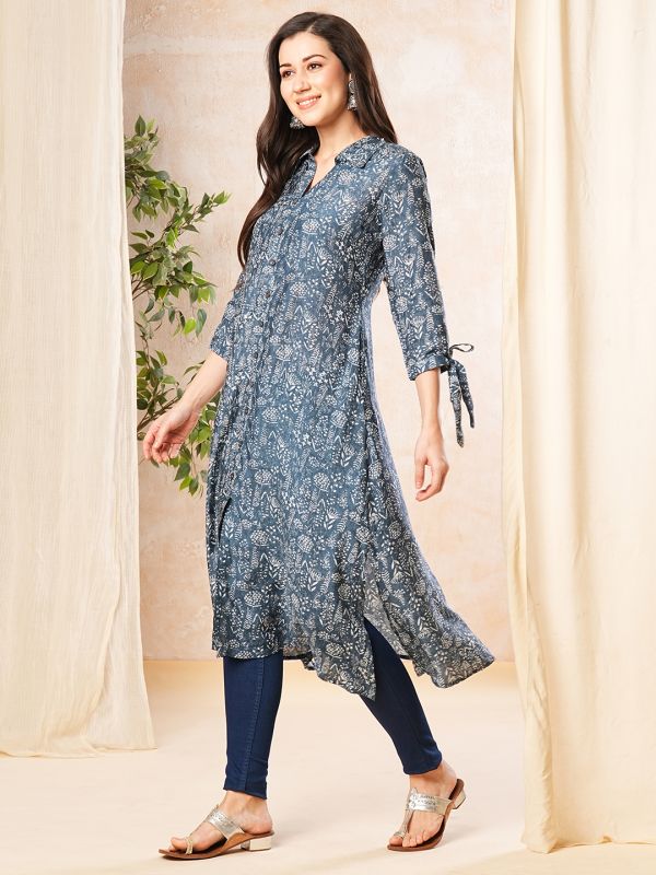 Globus Women Blue Floral Print Shirt Collar Kurta