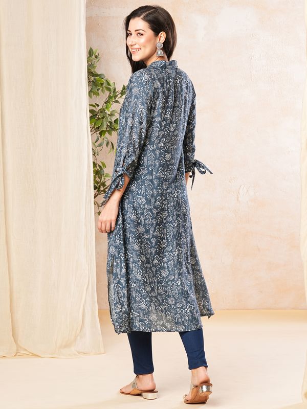 Globus Women Blue Floral Print Shirt Collar Kurta