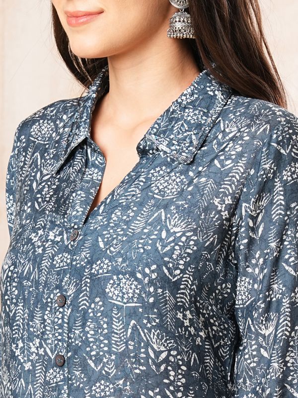 Globus Women Blue Floral Print Shirt Collar Kurta