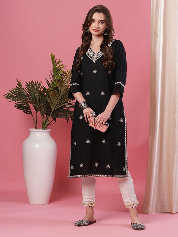 Globus Women Black Allover Embroidered Ethnic Motifs Calf Length Straight Kurta