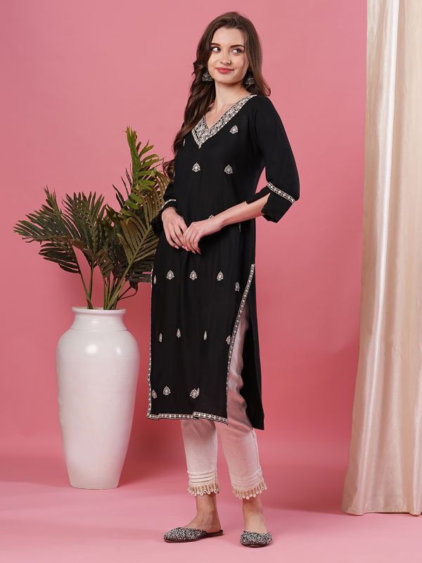 Globus Women Black Allover Embroidered Ethnic Motifs Calf Length Straight Kurta