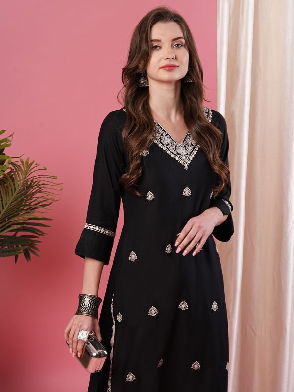 Globus Women Black Allover Embroidered Ethnic Motifs Calf Length Straight Kurta