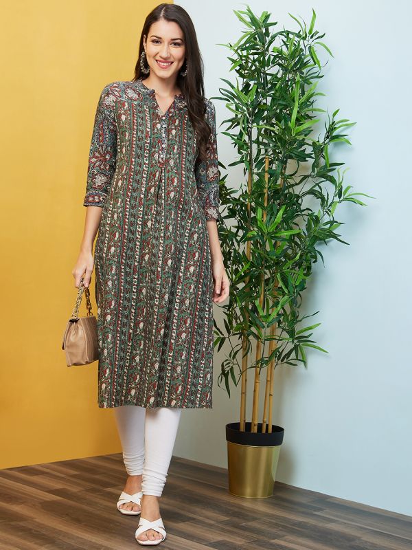 Globus Women Green Floral Print Mandarin Collar Straight Kurta