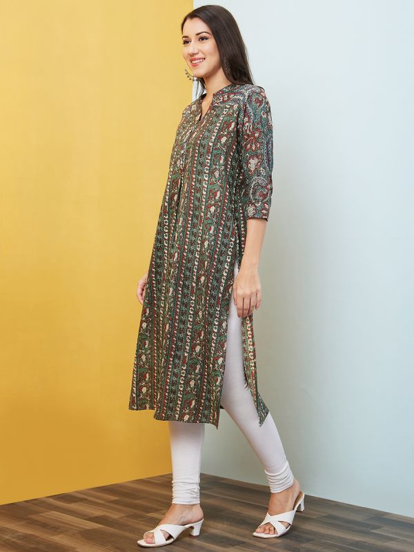 Globus Women Green Floral Print Mandarin Collar Straight Kurta