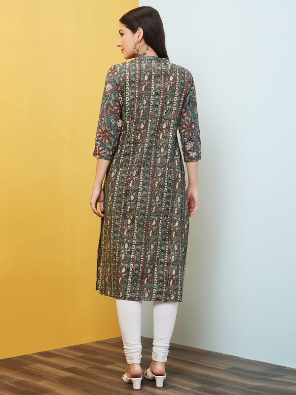 Globus Women Green Floral Print Mandarin Collar Straight Kurta