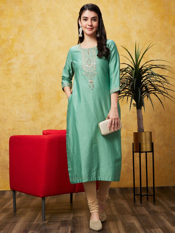Globus Women Sea Green Ethnic Motifs Print Three-Quarter Sleeves Straight Kurta