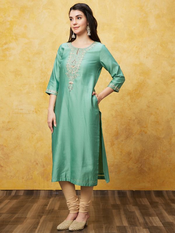 Globus Women Sea Green Ethnic Motifs Print Three-Quarter Sleeves Straight Kurta