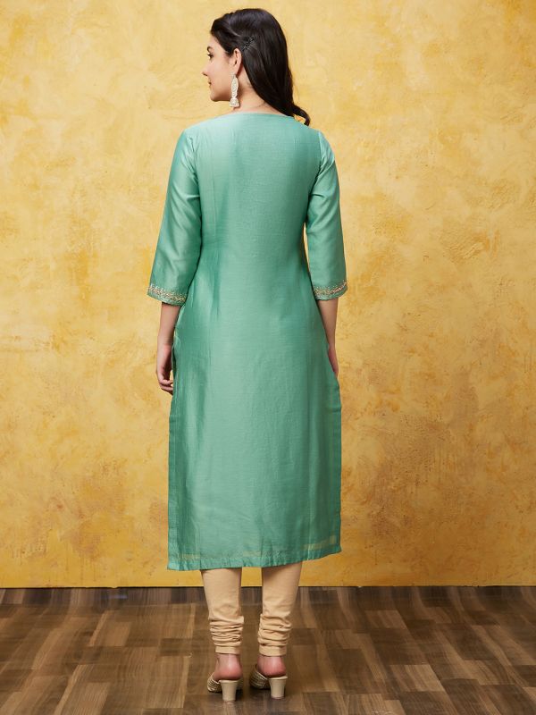 Globus Women Sea Green Ethnic Motifs Print Three-Quarter Sleeves Straight Kurta