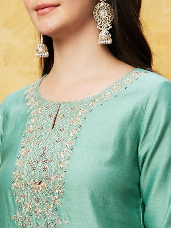 Globus Women Sea Green Ethnic Motifs Print Three-Quarter Sleeves Straight Kurta