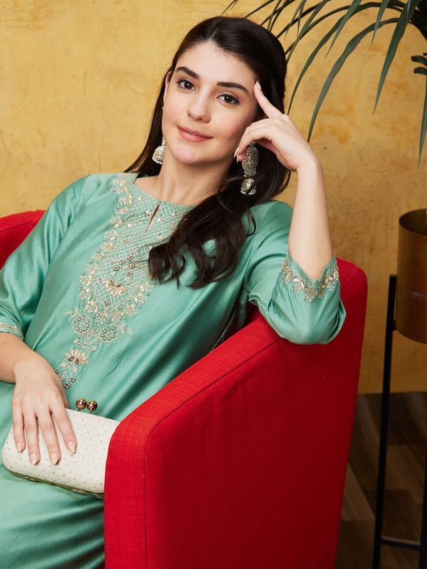 Globus Women Sea Green Ethnic Motifs Print Three-Quarter Sleeves Straight Kurta