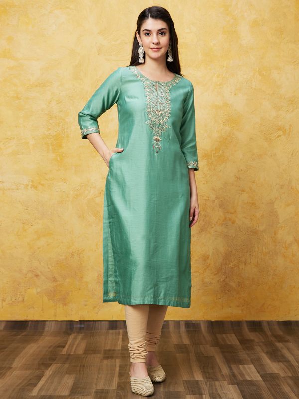 Globus Women Sea Green Ethnic Motifs Print Three-Quarter Sleeves Straight Kurta