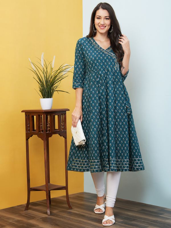 Globus Women Green Floral Print Embroidered Highlight V-Neck Overlapping Angarkha A-Line Kurta