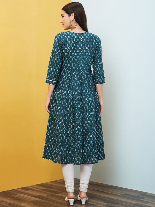 Globus Women Green Floral Print Embroidered Highlight V-Neck Overlapping Angarkha A-Line Kurta