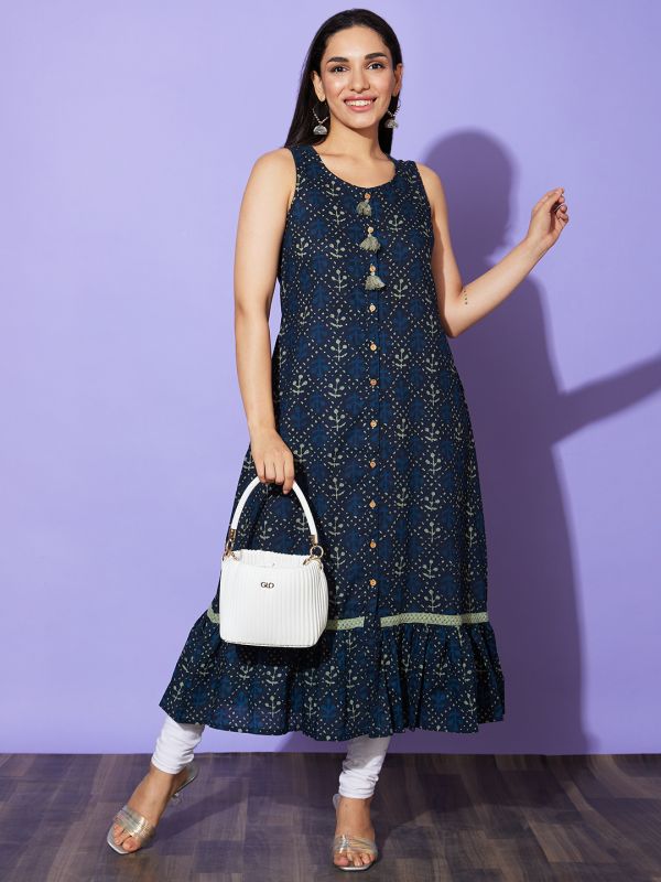 Globus Women Blue Ethnic Motifs Round Neck Cotton Casual A-Line Kurta