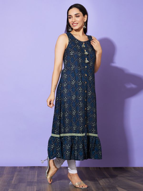 Globus Women Blue Ethnic Motifs Round Neck Cotton Casual A-Line Kurta