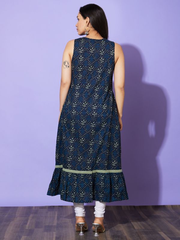 Globus Women Blue Ethnic Motifs Round Neck Cotton Casual A-Line Kurta