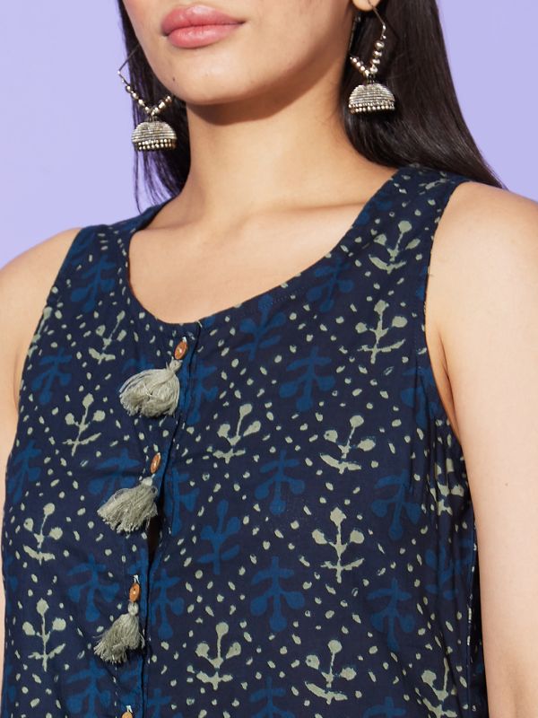 Globus Women Blue Ethnic Motifs Round Neck Cotton Casual A-Line Kurta