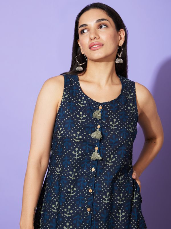 Globus Women Blue Ethnic Motifs Round Neck Cotton Casual A-Line Kurta