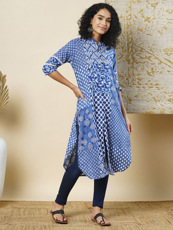 Globus Women Blue Ethnic Motif Patch Print Mandarin Collar Curved Hem Straight Workwear Kurta